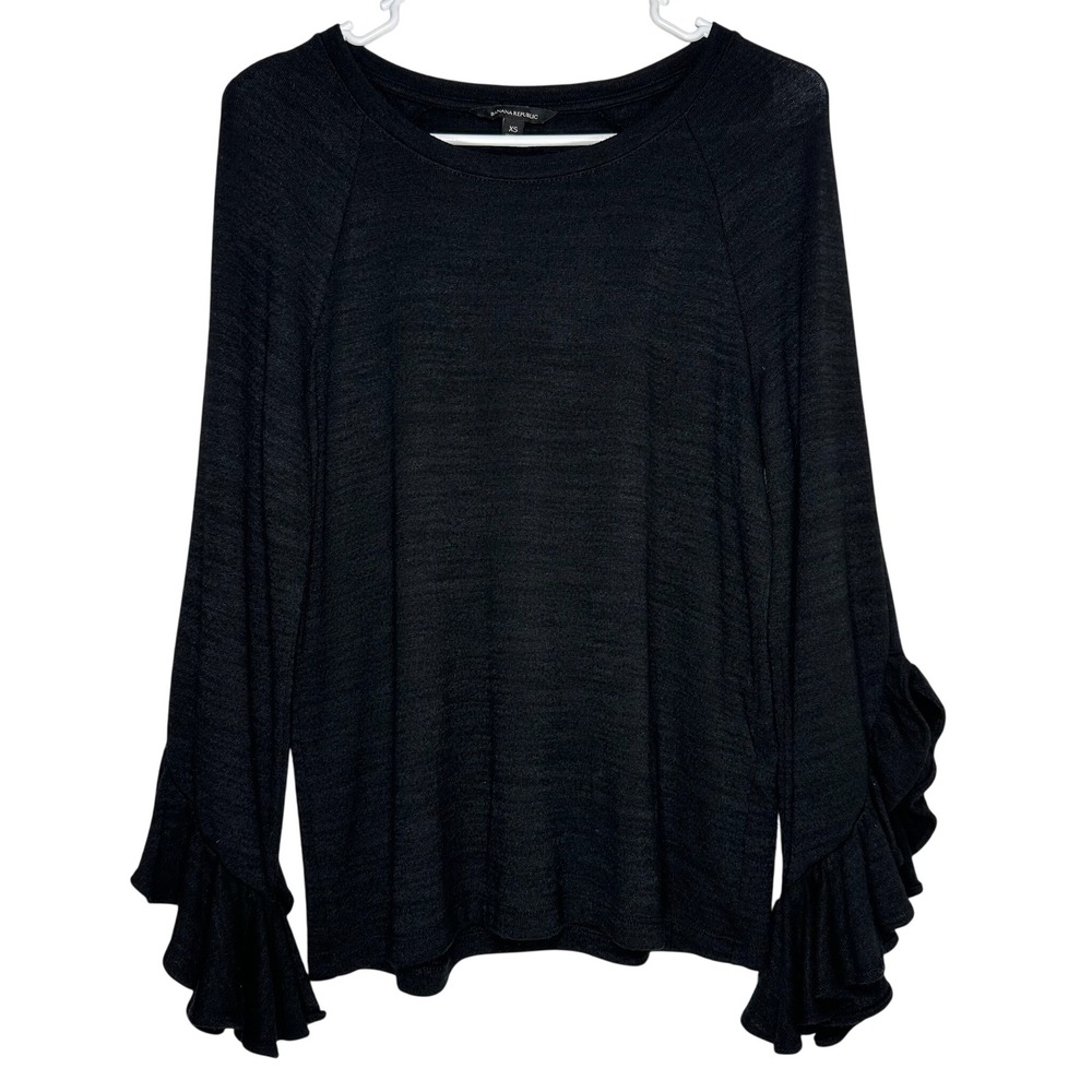 Banana‎ Republic Black Slub Knit Ruffle Cuff Raglan Long Sleeve Top XS 8733